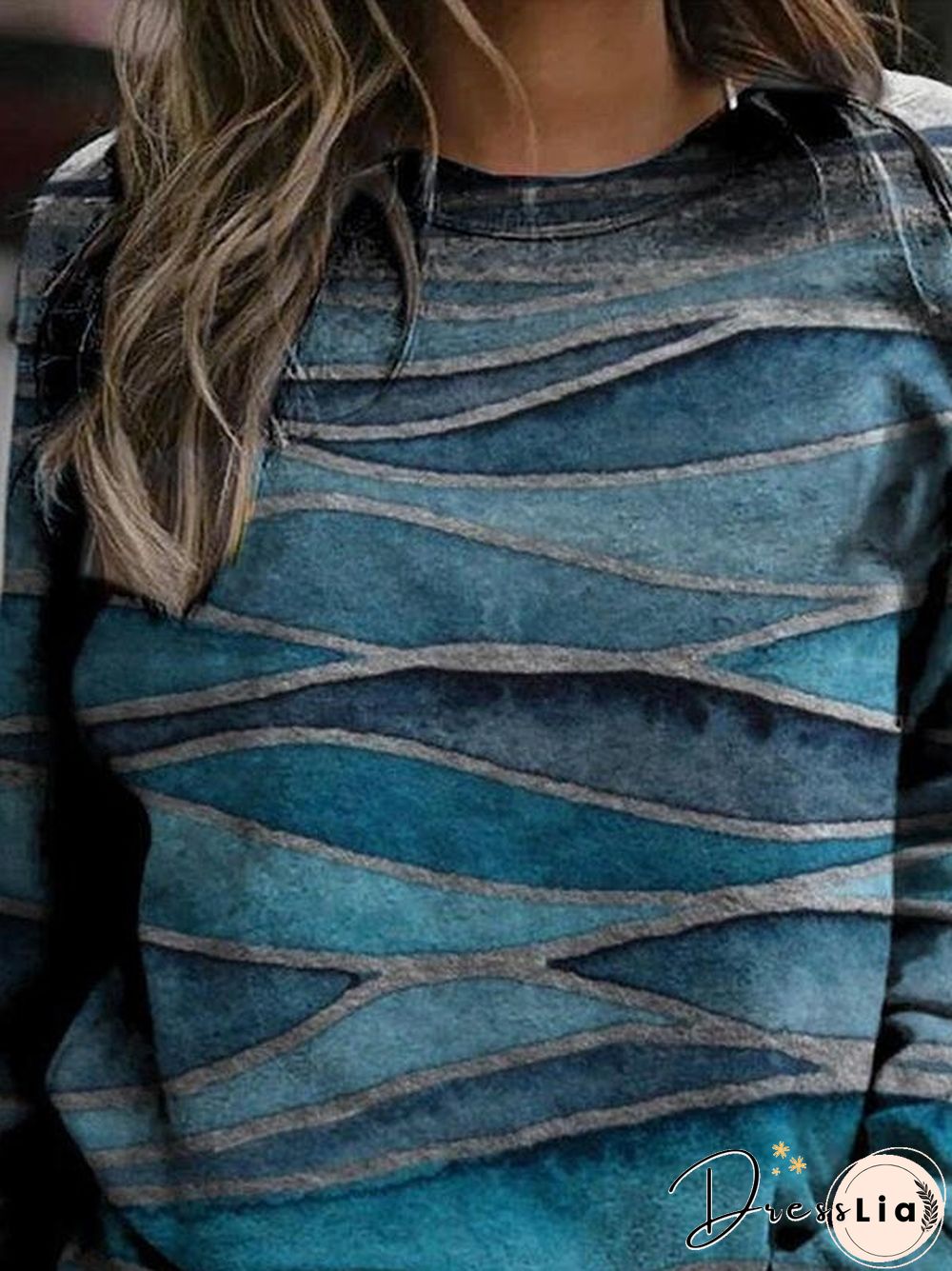 Women Casual Long Sleeve Abstract Wave Printed Crew Neck Sweatshirts