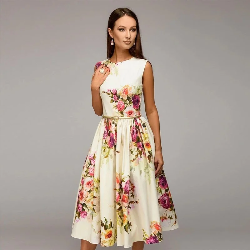Lady Party Dress 2023 Summer Autumn Women Sleeveless Flowers Printing Vestidos Elegant Casual A-line Dress No Belt