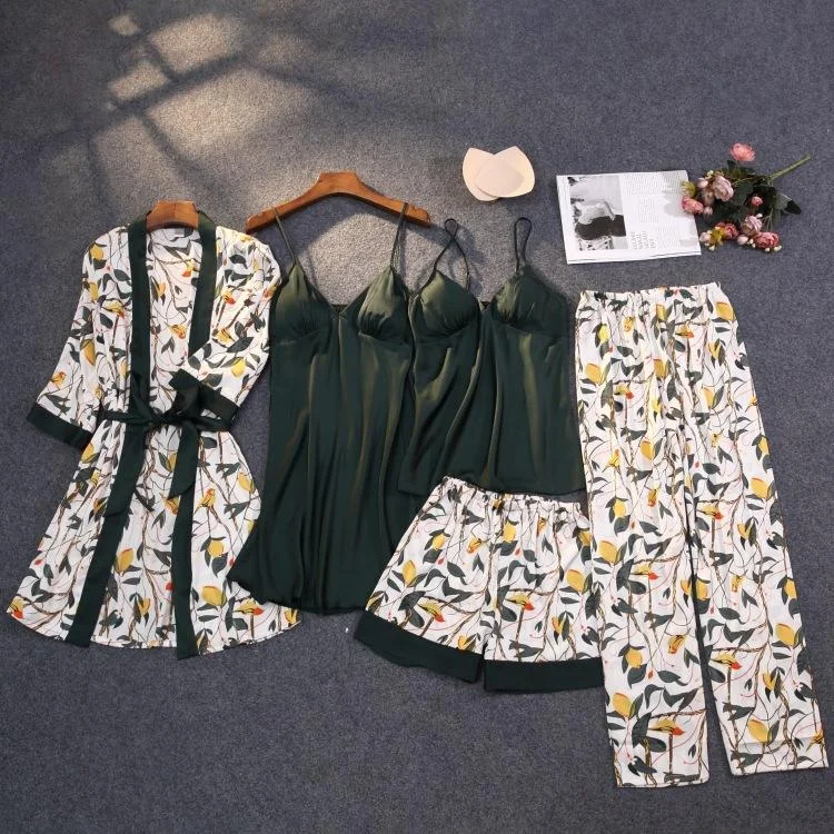 Ice Silk Sling Pajamas Ladies Sexy Pajamas Set Five-Piece Print