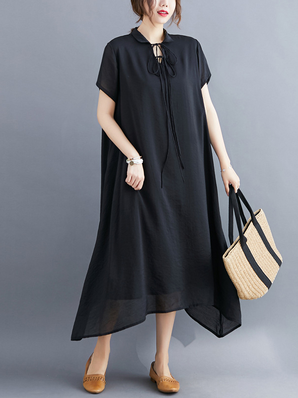 Tie Doll Collar Short Sleeve Solid Color Loose Maxi Dress