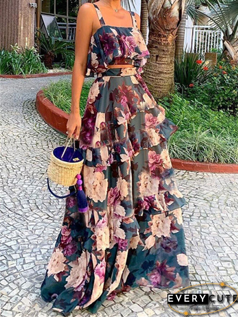 Summer New Fashion Floral Top Suspender Ruffle Cake Skirt Set