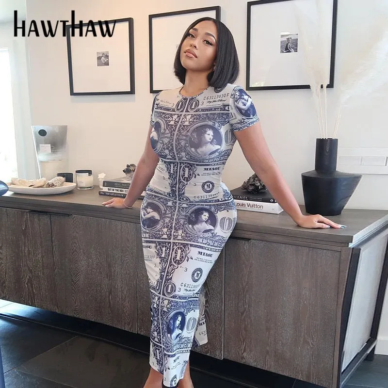 Hawthaw Women Fashion Summer Short Sleeve Printed Bodycon Pencil Split Long Dress 2021 Female Clothing Streetwear