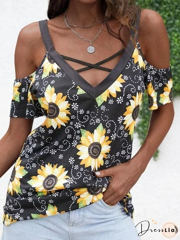Sunflower Print Cold Shoulder Short Sleeves T-shirts