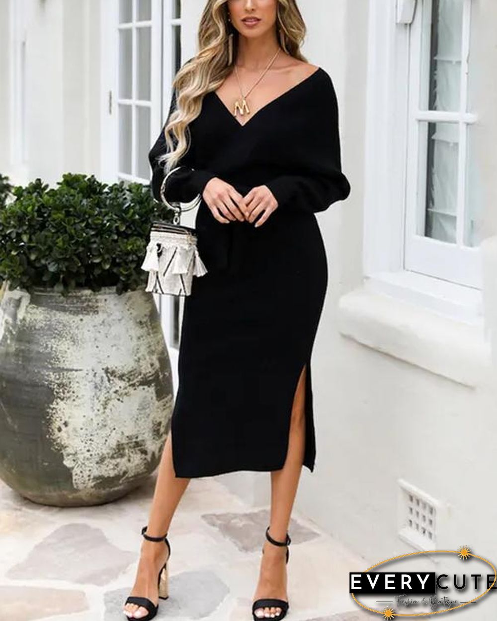 Knitting V Neck Split Sweater Dress