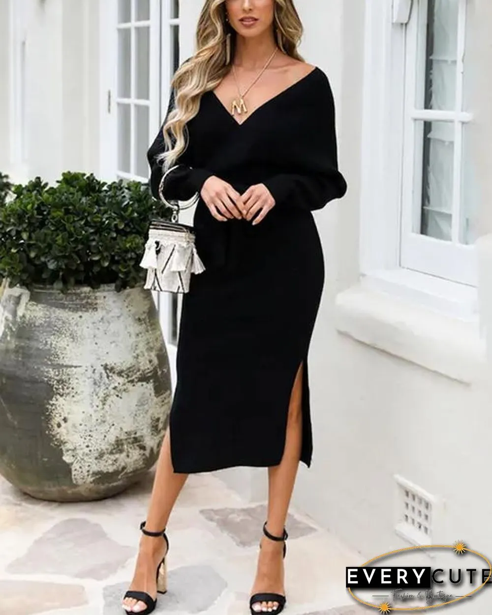 Knitting V Neck Split Sweater Dress