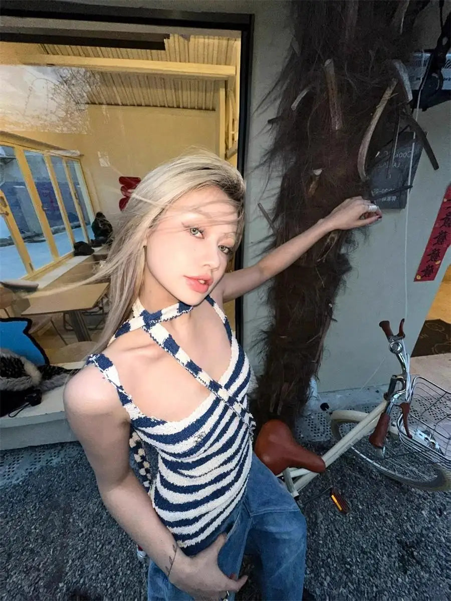 Aiertu  Harajuku Striped Camisole Women Sleeveless Korean Fashion Streetwear Knitted Tank Tops With Tie Summer Tops Halter Tops Aiertu