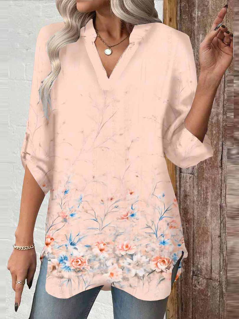 Women Floral,Pink,Ladynora DZGA0020 3/4 Sleeve V-neck Printed Graphic Button Tops