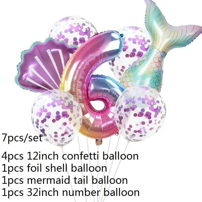 7pcs Mermaid Party Balloons 0 1 2 3 4 5 6 7 8 9 Number Foil Balloon Kids Birthday Party Decorations Baby Shower Helium Globos