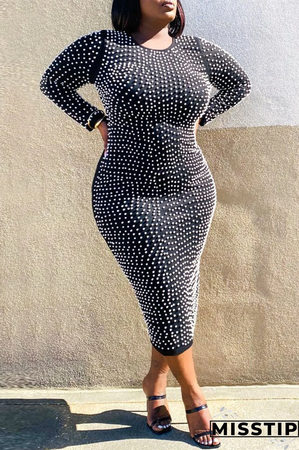 Black Fashion Casual Plus Size Patchwork Slit Beading O Neck Long Sleeve