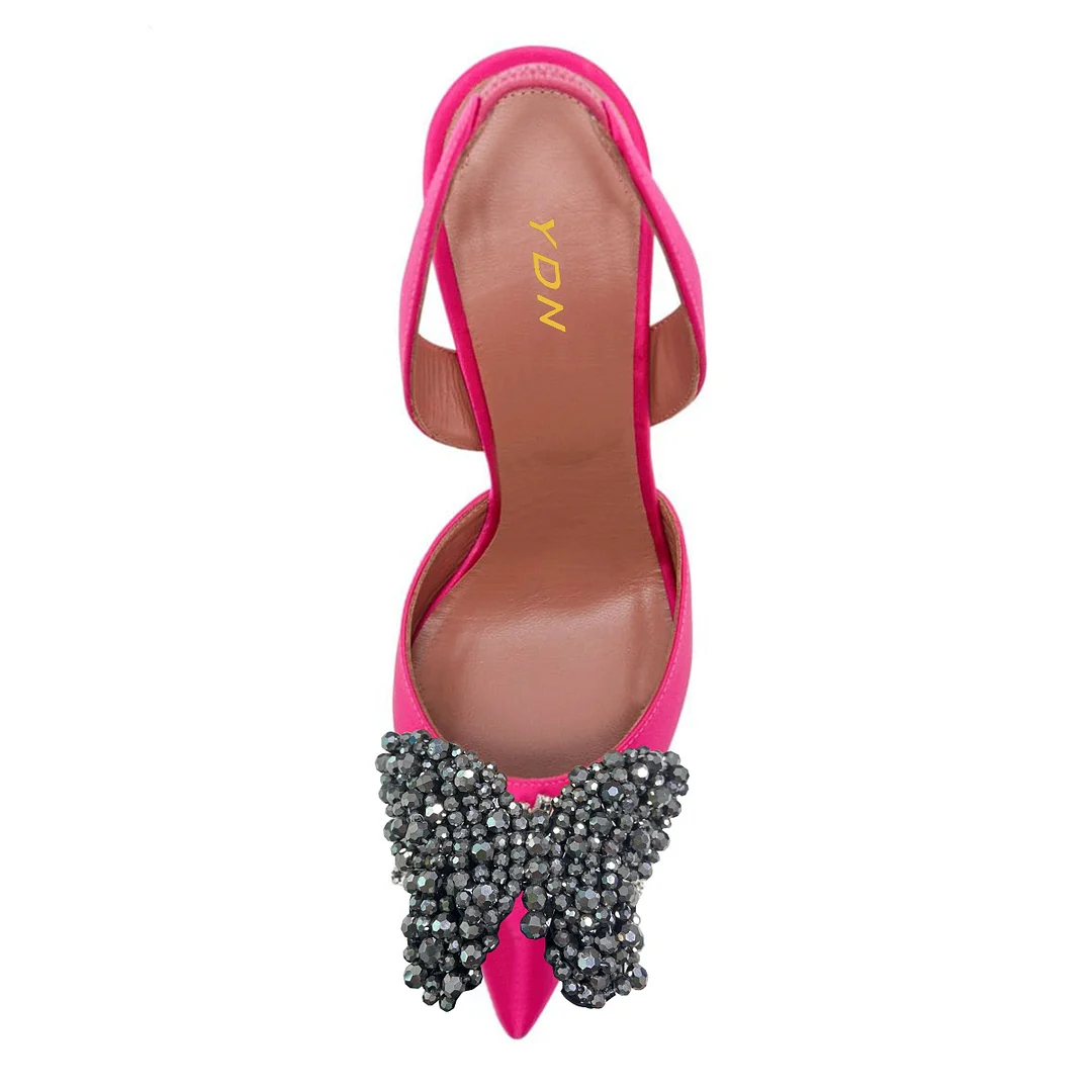 Hot Pink Satin Pointed Beads Embellished Butterfly Party Pumps