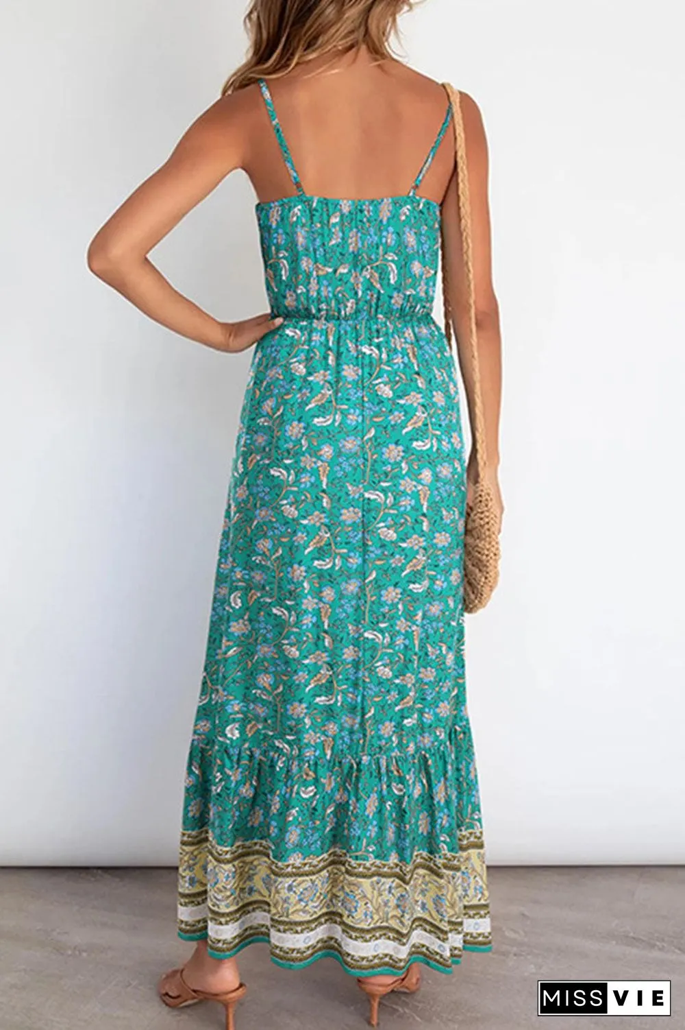 Fashion Elegant Print Split Joint Spaghetti Strap A Line Dresses