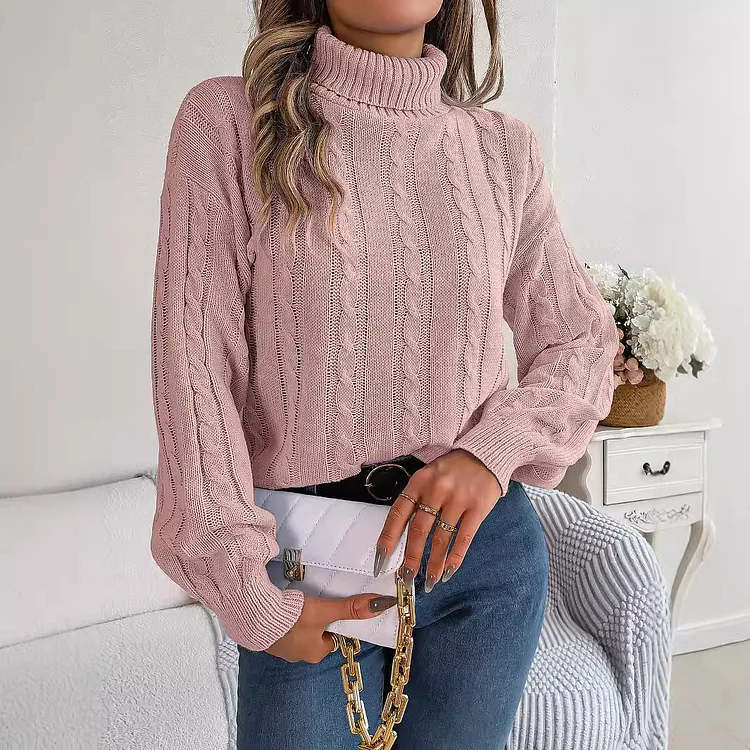 PASUXI Womens High Neck Cable Knit  Long Sleeve Sweaters Solid Loose Pullovers Sweaters Casual  huanwei