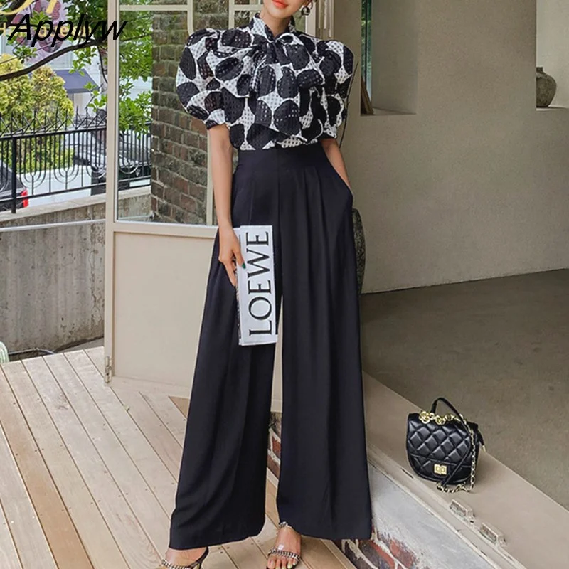 Applyw Han Queen New Occupation 2-Piece Suits Women 2022 Summer Elegant Lace-Up Dot Crop Top & Simple Wide Leg Pants Casual Work Set