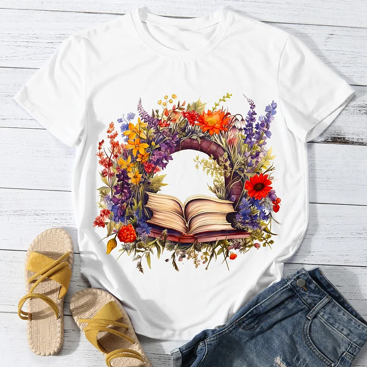 Flower On Book Women's Round Neck T-Shirt -BSTC1623