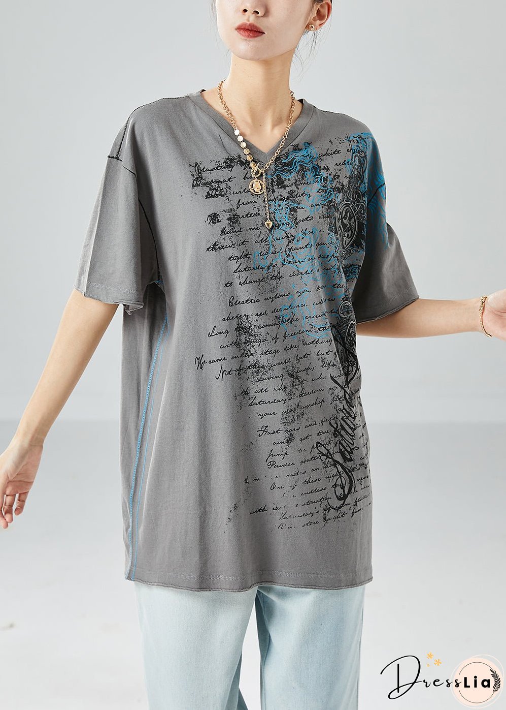 Plus Size Grey V Neck Print Cotton Tanks Summer