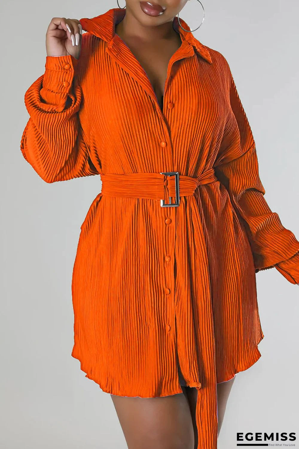Tangerine Red Casual Solid Patchwork Buckle Fold Turndown Collar Dresses | EGEMISS