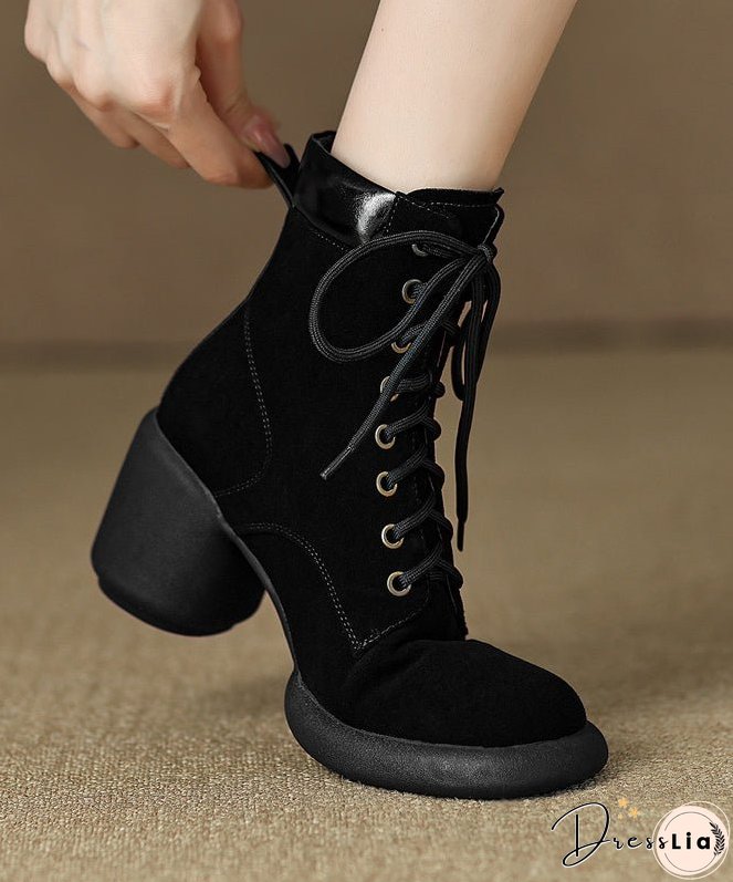 Suede Chunky Heel Boots Apricot Stylish Splicing Lace Up