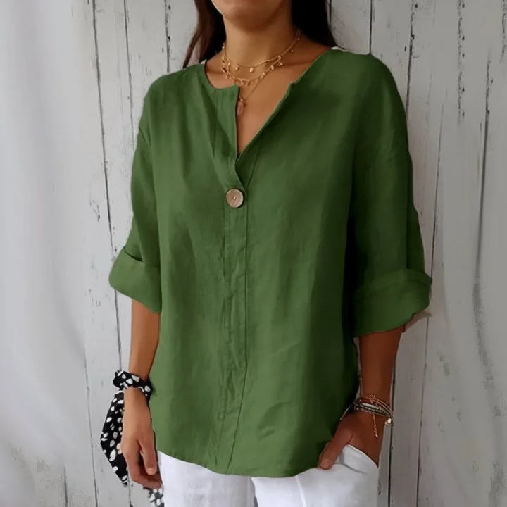 Nigikala Nigikala Summer New Loose T-Shirt Lady V-Neck Cotton Button Top