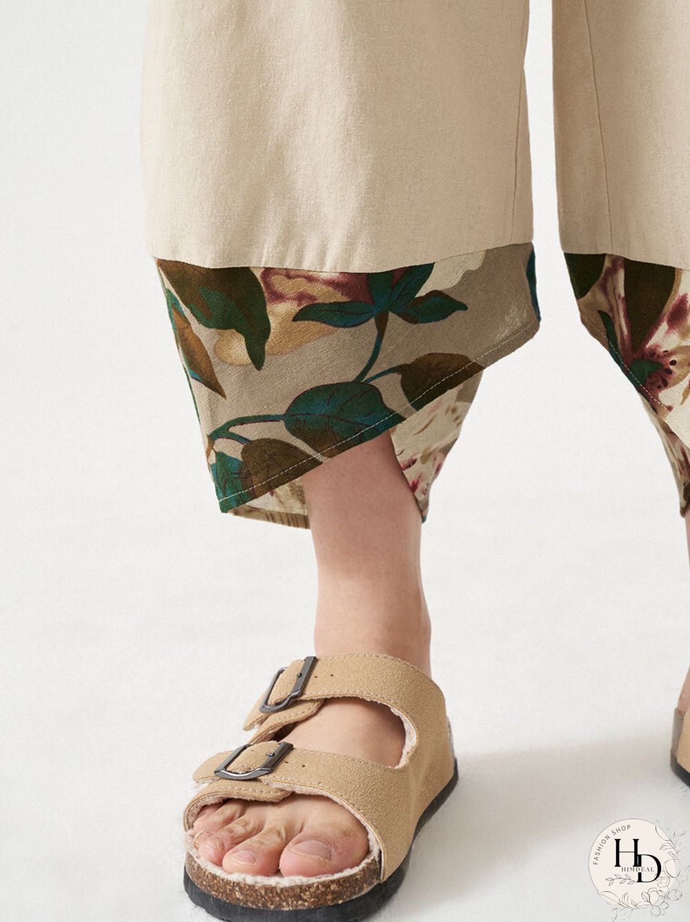 Women Leaves Stitch Elastic Waist Pocket Crop Pants