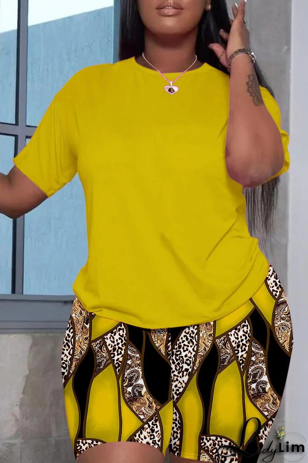 Red Casual Print Basic O Neck Short Sleeve Two Pieces