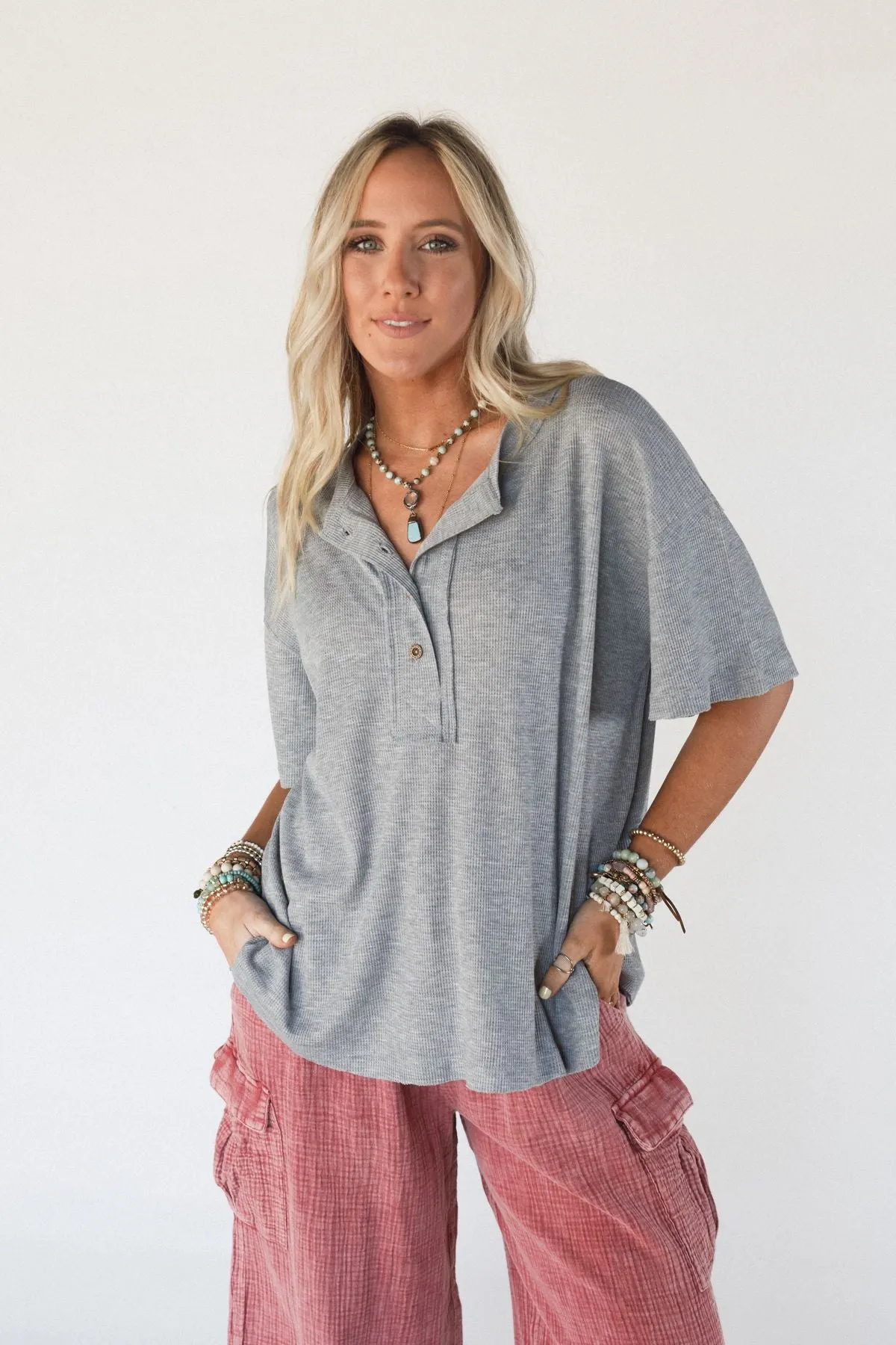 The Nest Soft Plume Henley Top - Heather Grey
