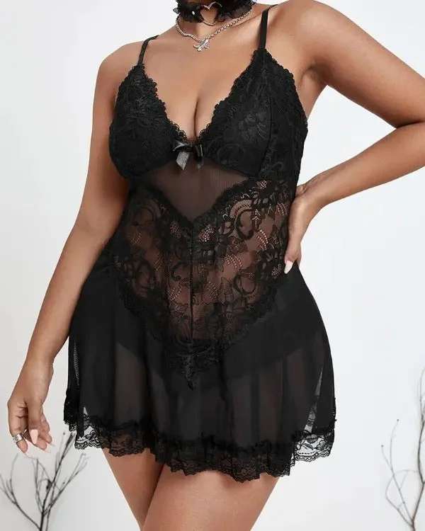 Plus Size Bow Decor Sheer Mesh Lace Babydoll With Thong