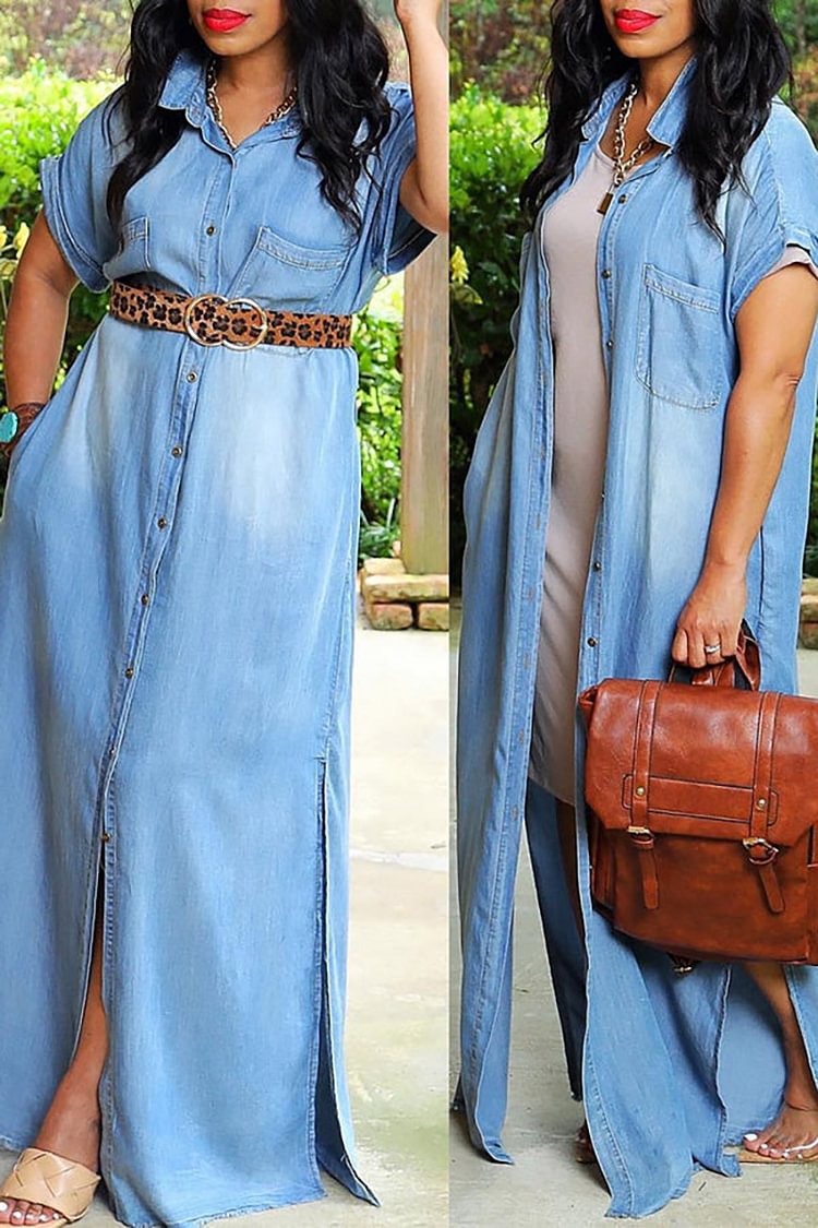 Xpluswear Plus Size Blue Daily Washed Denim With Pockets Maxi Dresses (Without Belt) [Pre-Order]