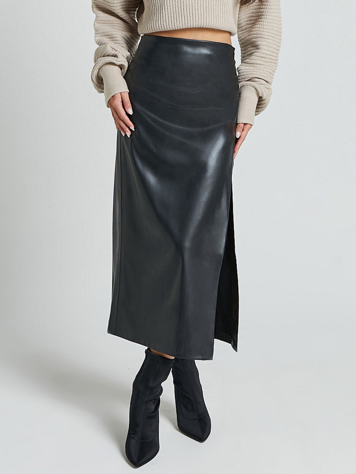 Casual PU Leather High Rise Slit Bodycon Midi Skirt