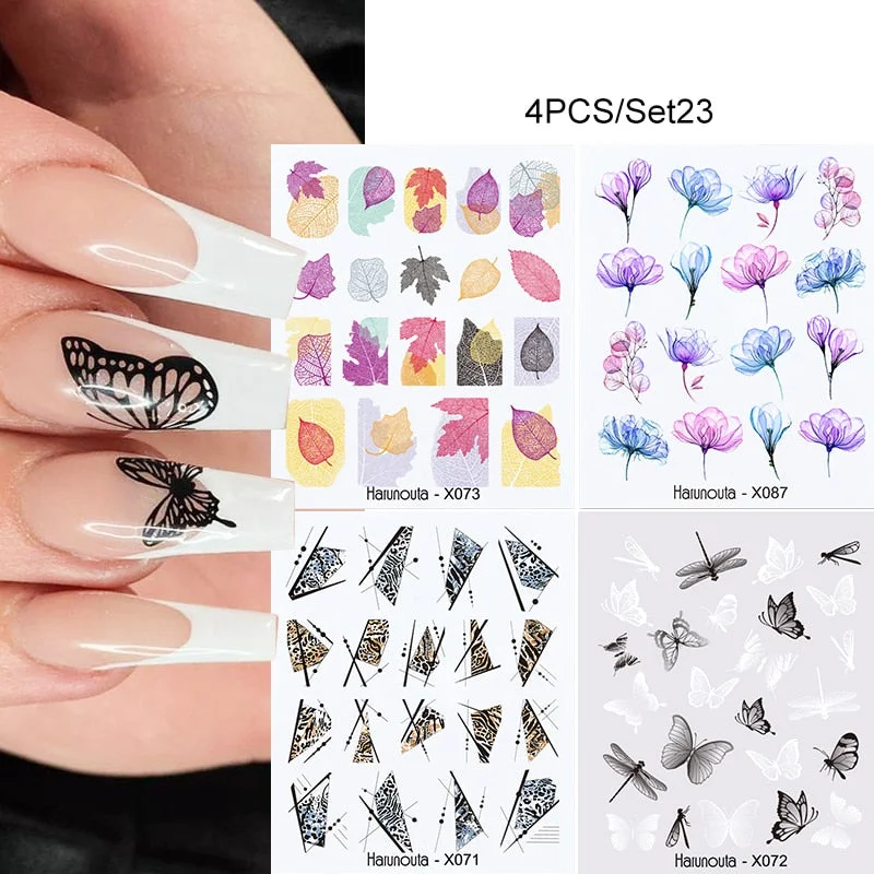 4Pcs/Set Flower Leaves Water Decasl Stickers Floral Geometric Lines Transfer Water Sliders For Nails Manicures Decoration