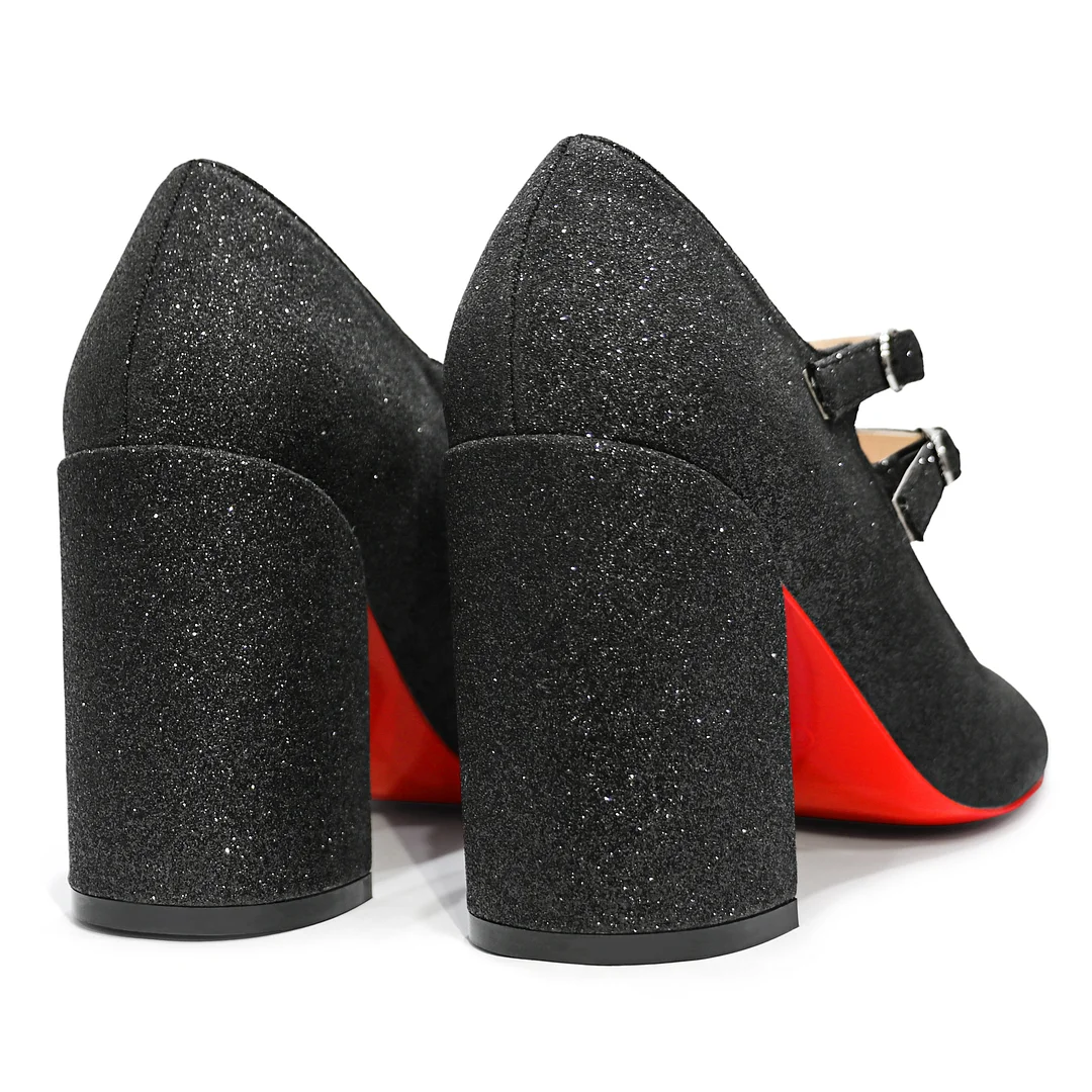 85mm Women's Chunky Heels Red Bottom Shoes Comfortable Miss Jane Block Heel Patent Pumps-MERUMOTE