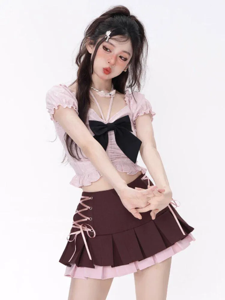 Brownm Mini Skirt With Top Two Piece Set