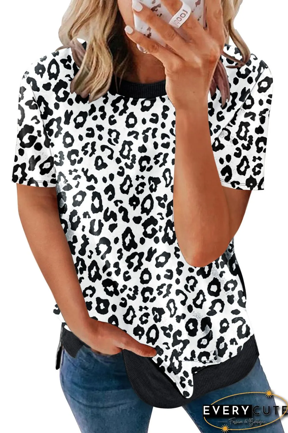 White Crew Neck Leopard Side Split T-shirt
