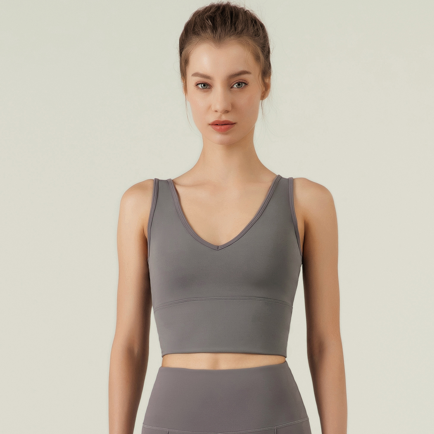 Shop women's v neck u back wide stretchy straps gym yoga support tank tops online on Hergymclothing Titanium Gray