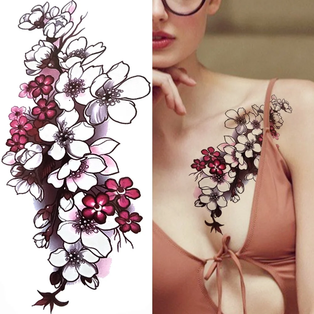 Fake Flower Rose Temporary Tattoos For Women Girl Peony Daisy Deer Moon Tattoos Sticker Black Cluster Body Art Painting Tatoos