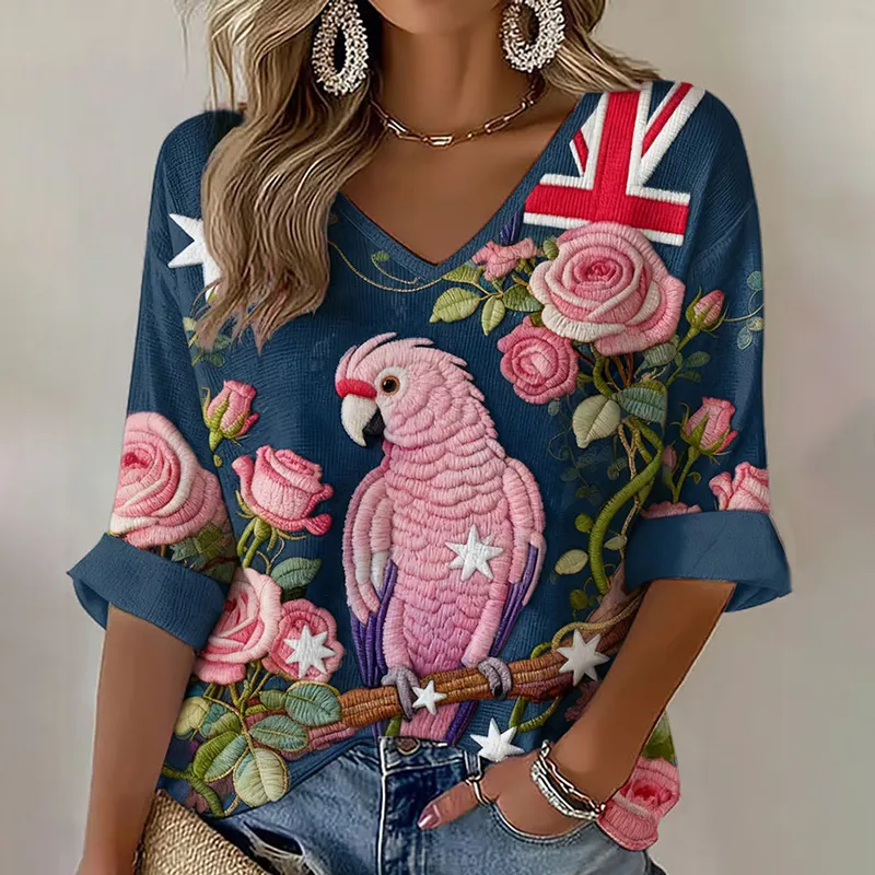 Women's Pink Parrot Art Printed Waffle T-shirt artswardrobe