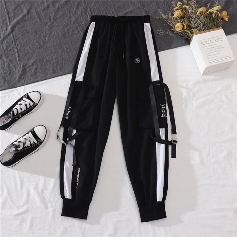 2021 Spring Autumn Female Streetwear Cargo Pants Loose High Waist Joggers Women 2 Piece Long Sleeve Top With Casual Trousers