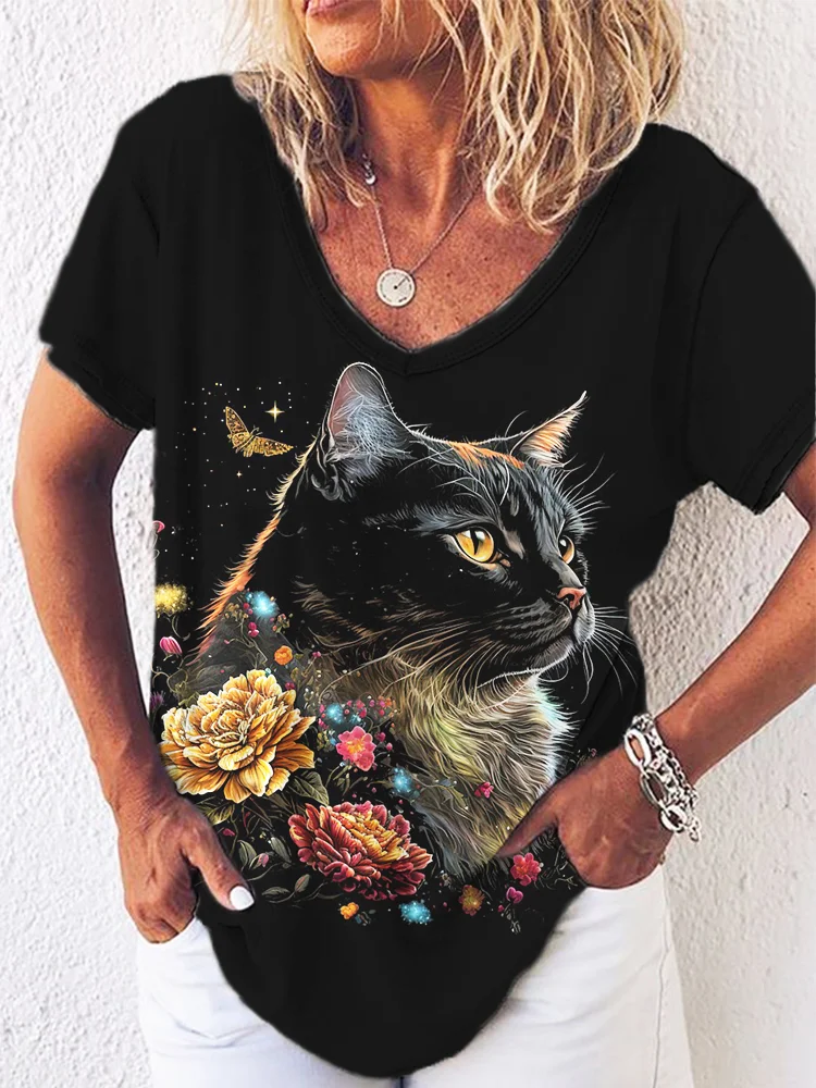 Floral And Cat Print V Neck Short Sleeve T Shirt