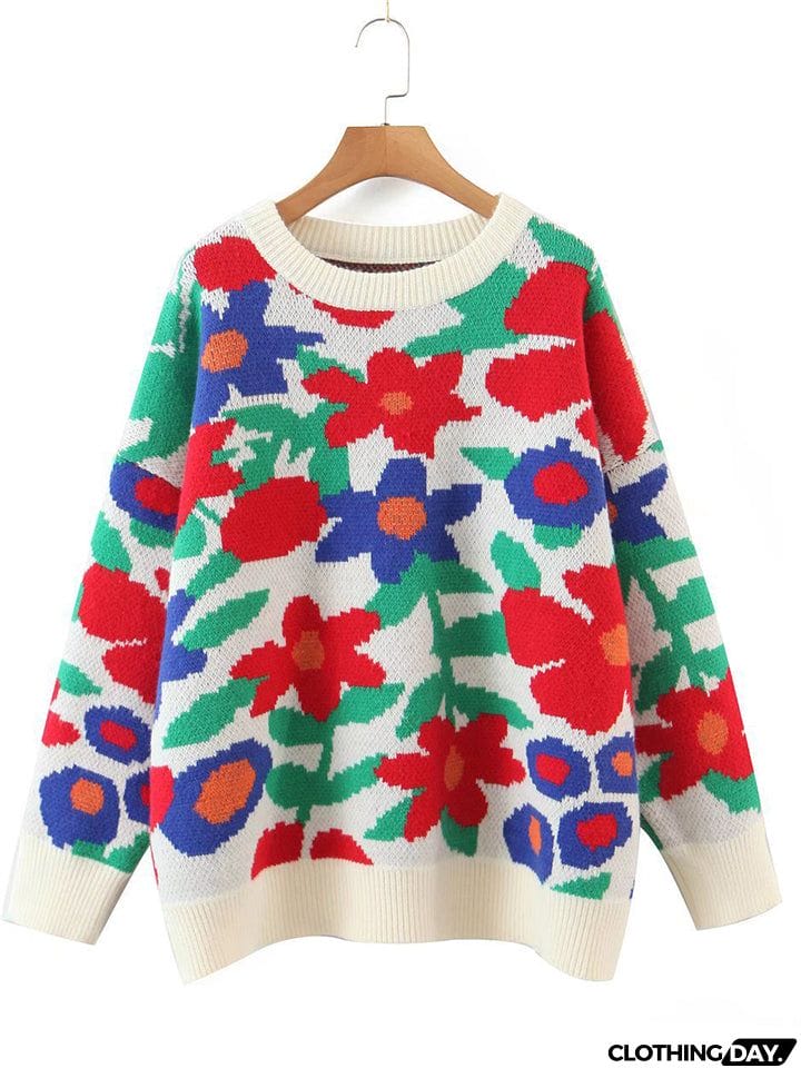 Casual Round Neck Floral Pullover Sweater