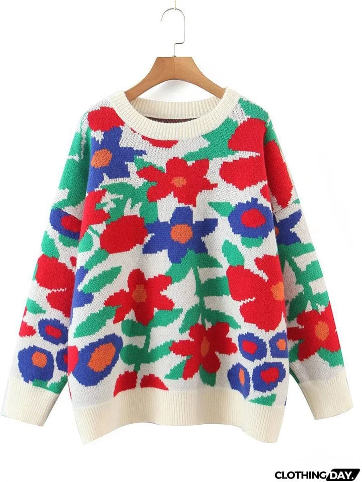 Casual Round Neck Floral Pullover Sweater