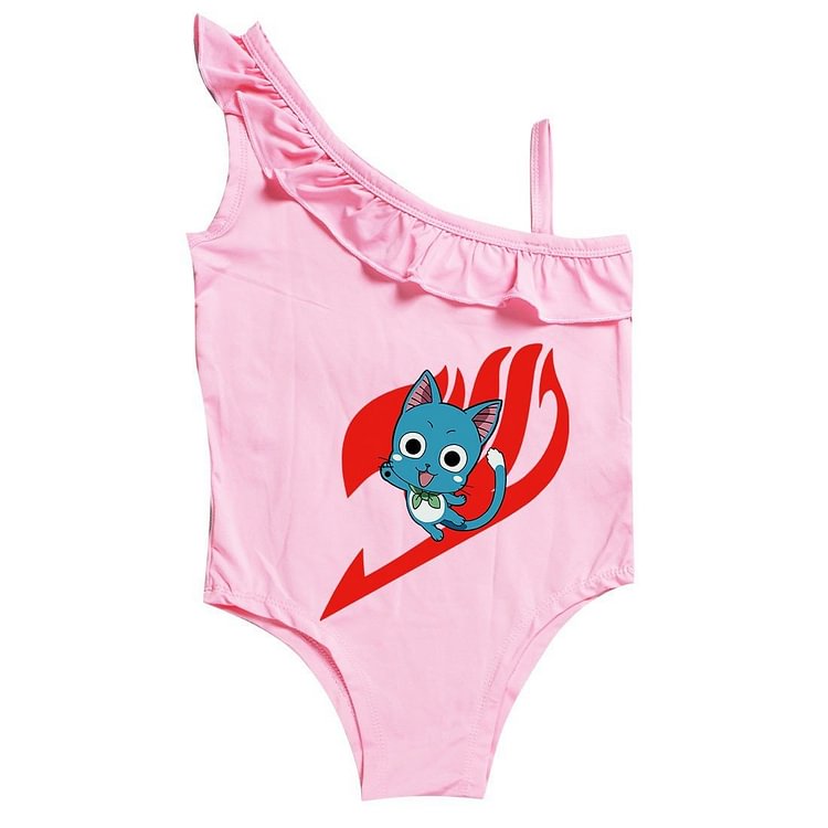 Mayoulove Girls Fairy Tail Happy Print One Piece Ruffle Shoulder Swimsuit-Mayoulove