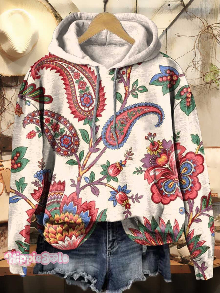 Retro Floral Print Casual Hoodie Sweatshirt Multicolor / S