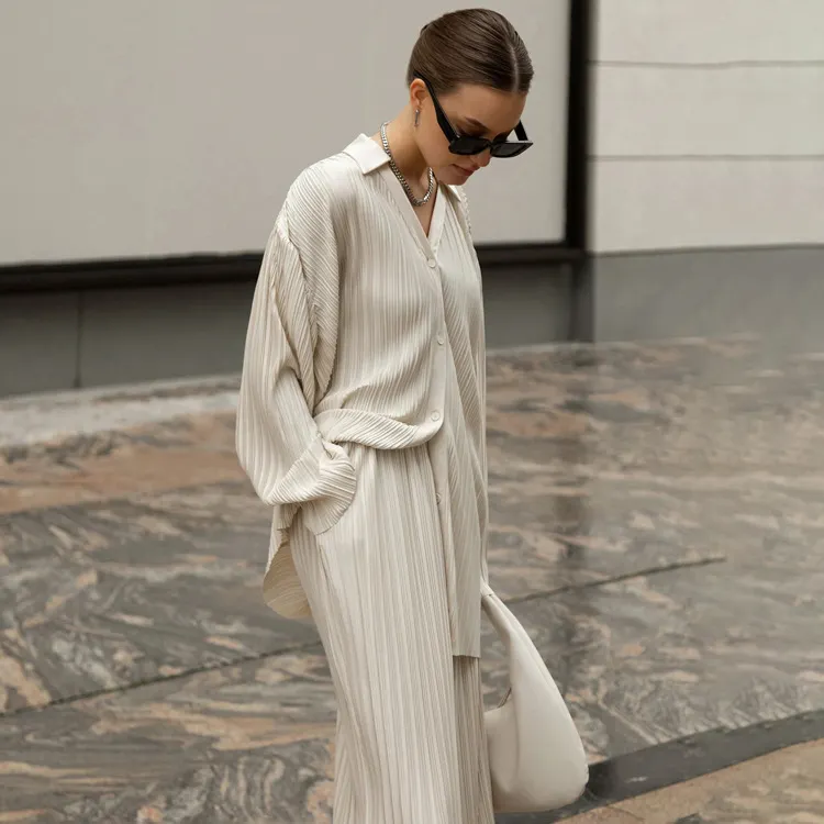 Churchf Churchf New Solid Color Straight Pants Casual Two Sets Of Foreign Women's Pleated Shirt Trousers Suit