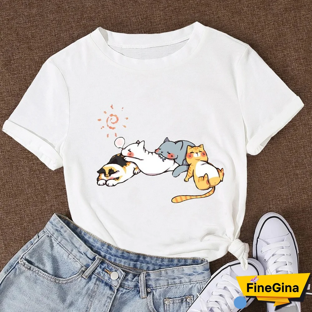 Cotton 100% Women's T Shirt Summer Short Sleeve Nap Cat Print Fashion Kawaii Female Clothes Casual O-Neck Tshirt Ladies Tee Tops