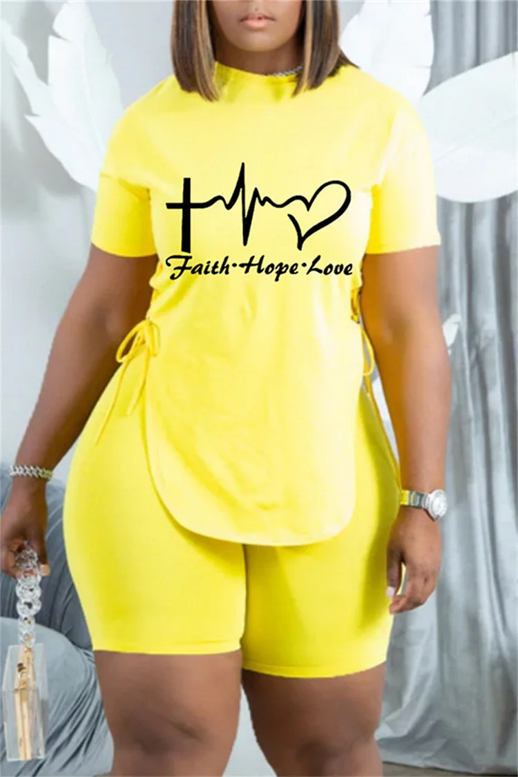 Yellow Fashion Casual Print Bandage Slit O Neck Short Sleeve Two Pieces