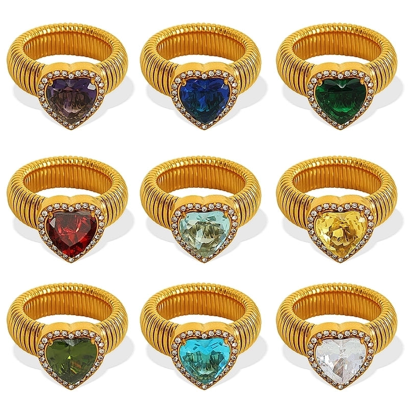 Vintage Style Luxurious Punk Heart Shape 304 Stainless Steel Zircon 18K Gold Plated Polishing Inlay Rings