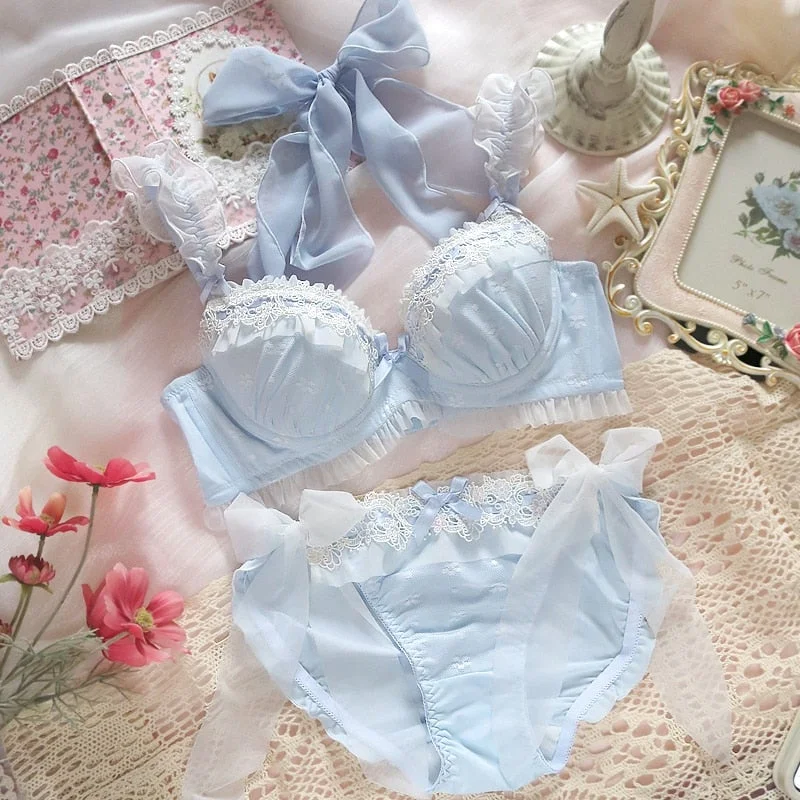 Blue Cute Princess Soft Girl Aesthetic Kawaii Lolita Lingerie Sets Novameme