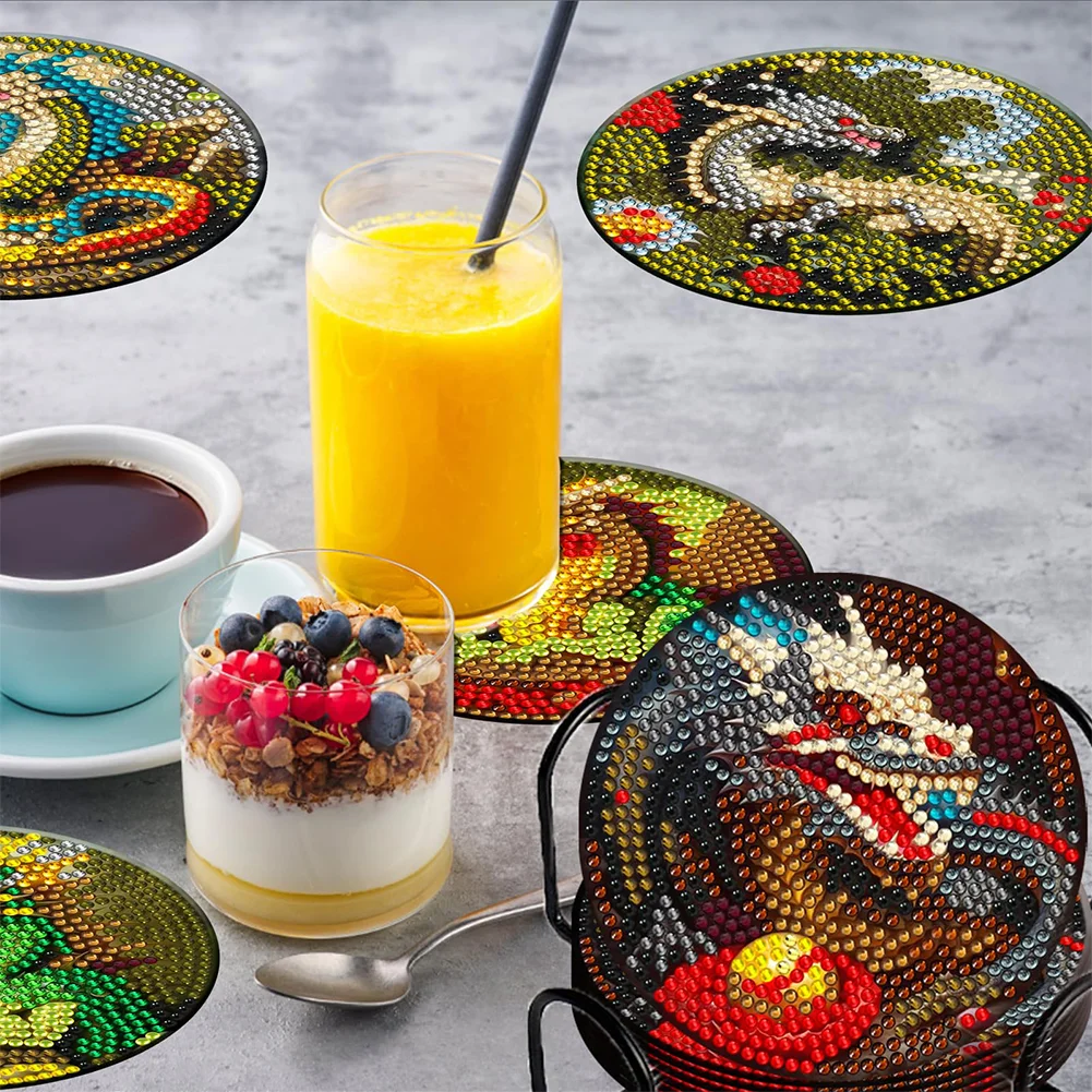 8pcs DIY Dragon Diamond Painting Wooden Coasters Kits for Adults Kids Beginner Gift Supplies