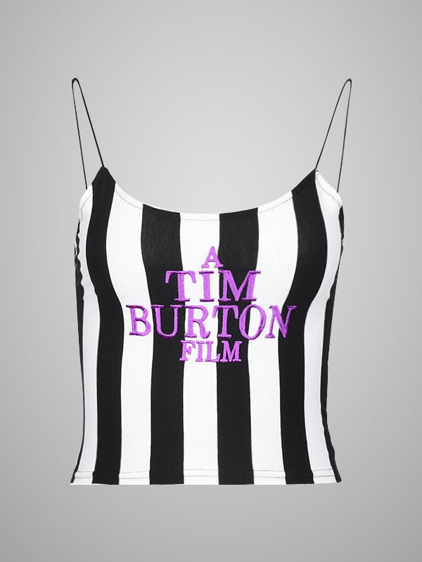 Stripes Color Block Letter Embroidered Slim Crop Spaghetti