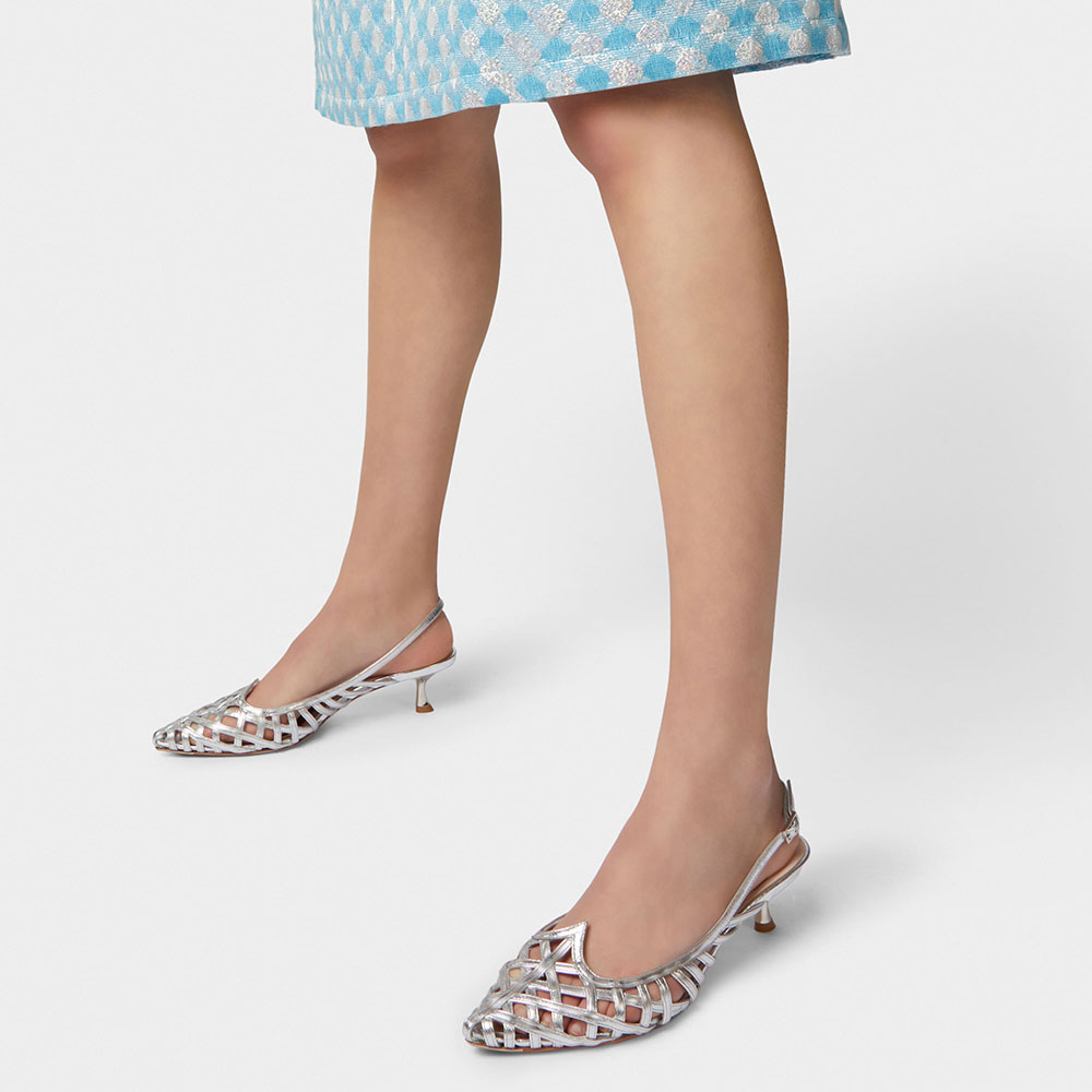 Silver Pointed Toe Kitten Heels Cut Out Strappy Caged Slingback Pumps
