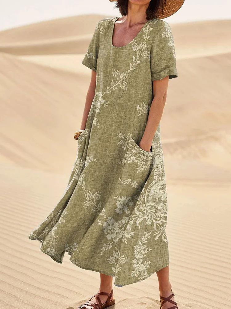 Women's Retro Floral Art Print Casual Linen Pocket Dress